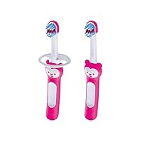 MAM Baby Toothbrushes (2 Baby's Brushes and 1 Safety Shield), Toothbrushes with Brushy The Bear Character, Interactive App, for Girls 6+ Months, Pink