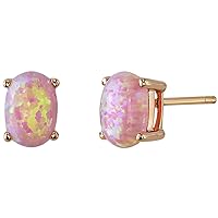 Peora Solid 14K Rose Gold Created Pink Opal Earrings for Women, Classic Solitaire Studs, 7x5mm Oval Shape, 1 Carat total, Friction Back