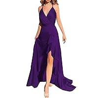 Sleeveless Satin Formal Party Dress for Women 2024 Bridesmaid Dresses V Neck Ruffles Evening Ball Gown