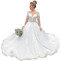 Women's Beaded Illusion Long Sleeve Bridal Ball Gowns Train Lace Wedding Dresses for Bride Plus Size