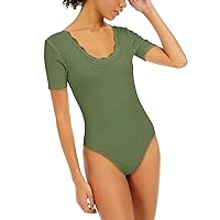 by IOT Womens Juniors Lace Trim Ribbed Bodysuit Green M