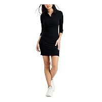 Womens Black Ribbed Fitted Polo Style Long Sleeve Collared Short Shirt Dress Juniors XSTP