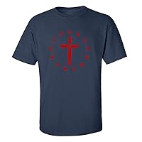 Men's Christian Cross Surrounded by Patriotic Betsy Ross Flag 13 Stars Short Sleeve T-Shirt-Navy-Large