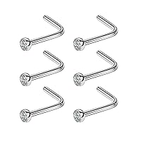 FANSING 6pcs 20g 2mm Screw Nose Rings for Women Rhinestone Nose Stud Rings Silver 6.5mm Length L Shaped Nostril Piercing Jewelry 20 Gauge Nose Jewelry