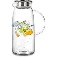 Glass Pitcher, 68oz Water Pitcher with Lid and Precise Scale Line, 18/8 Stainless Steel Iced Tea Easy Clean Heat Resistant Borosilicate Jug for Juice, Milk, Cold or Hot Beverages