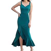 Long Formal Dresses for Women Sleeveless V Neck Cocktail Wedding Guest Dress Mermaid Ruffle Party Prom Maxi Dress