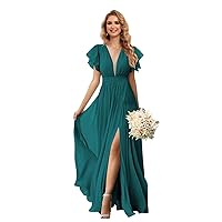 Long V Neck Bridesmaid Dresses with Slit 2024 A Line Chiffon Formal Evening Gowns with Ruffle Sleeves for Wedding