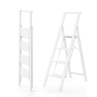 4 Step Ladder, 4 Step Folding Ladder with Wide Anti-Slip Pedals, Lightweight Portable Kitchen Step Stool with Safety Handgrip, Capacity 300 Pounds - White