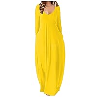 Women's Dresses Fall Casual Loose Solid Color Long Dress Sexy Deep V Neck Sleeve Dress, S-5XL