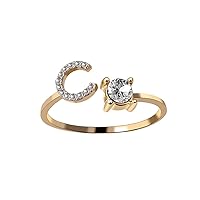 Women Girls Thin Stacking Initial Letter Alphabet Adjustable Opening Rings CZ Inlay