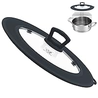 Vented Tempered Glass Universal Lid for Pot Pan Skillet with Heat Resistant Silicone Rim Microwave Splatter Lid Cover Microwave Safe Fit 9.5“ 10” 10.5“ 11” Cookware, Dishwasher Safe Grey