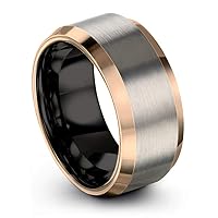 Tungsten Wedding Band Ring 10mm for Men Women 18k Rose Gold Plated Bevel Edge Black Grey Brushed Polished