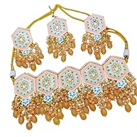Gold Plated Pearl Kundan Minakari Choker Necklace with Dangle Earrings, Tikka Traditional Jewelry Set for Women Girls Indian Wedding Wear Jewelry Set