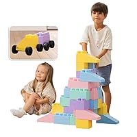 MassBricks Jumbo Plastic Building Blocks - Giant Toddler Bricks Kids, Boys, Girls Age 1-8 Play Large Educational, Construction, Stacking Toys BPA Free (48 pcs Pastel + Wheels)