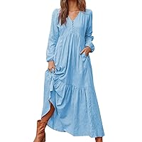 Womens Cotton Linen Peasant Maxi Dresses Button Up Long Sleeve Pleated Tiered Dress Vintage Flowy Swing Tunic Dress
