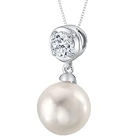 PEORA 10mm Freshwater Cultured Pearl and White Cubic Zirconia Pendant Necklace for Women 925 Sterling Silver, with 18 inch Chain