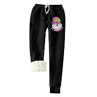 Christmas Sherpa Lined Sweatpants Women Santa Claus Print High Waisted Joggers Pants Drawstring Lounge Cinch Bottom