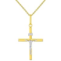 Solid 14K Two-Tone Gold Slender Cross INRI Jesus Crucifix Charm Pendant Necklace