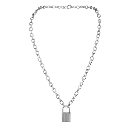 Qiuseadu 7th Moon Lock Pendant Necklace Statement Long Chain Punk Multilayer Choker Necklace for Women Girls (Silver)