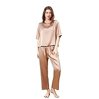 THXSILK Silk Women's Pajama Set, 6A Pure Mulberry Silk Round Neck Short Sleeve Nightwear with Long Pants