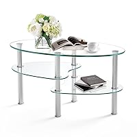 Nidouillet 3 Tier Tempered Glass Table with Glass Shelves and Stainless Steel Legs, Oval-Shaped Coffee Table Living Room Home Furniture 35.4