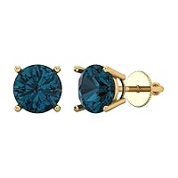 Clara Pucci 4.0 ct Round Cut Conflict Free Solitaire Natural London Blue Topaz Designer Stud Earrings Solid 14k Yellow Gold Screw Back