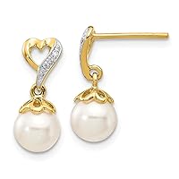 14k Yellow Gold Polished Post Earrings Diamond and Freshwater Cultured Pearl Love Heart Long Drop Dangle Earrings Measures 14x6mm Wide Jewelry for Women