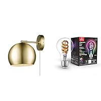 Globe Electric Novogratz x 51577 Willow 1-Light Matte Brass Plugin or Hardwire Wall Sconce with White Fabric Cord+35850 Wi-Fi Smart 7W (40W Equivalent) Multicolor Changing RGB Tunable White Clear LED