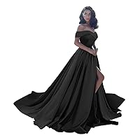 Off Shoulder Satin Prom Dresses Ball Gown Plus Size Formal Dresses for Women Wedding Dress with Slit