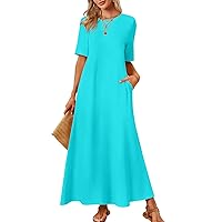 MEROKEETY Women's 2024 Summer Short Sleeve Maxi Dress Casual Crewneck Swing A Line Long T Shirt Dress with Pockets