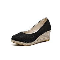 Women's Espadrille Platform Dressy Sandals Casual Chunky Mid Heel Closed Toe Slip On Wedge Pumps Shoes