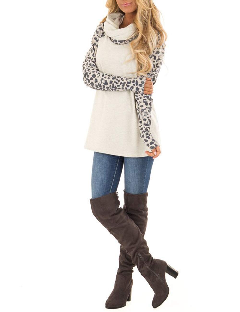 Blivener Women's Casual Sweatshirts Long Sleeve Leopard Print Tops Cowl Neck Raglan Shirts