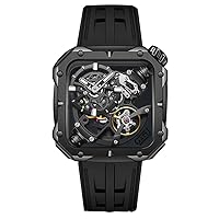 BONEST Gatti Men Luxury Watch Square Automatic Mechanical Wristwatch Sapphire Luminous Skeleton Dial Fluororubber Strap