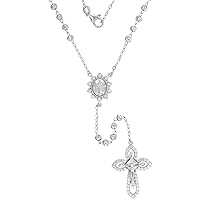 Sterling Silver Cubic Zirconia Rosary Necklace Everlasting Cross Miraculous Center 3mm Moon Cut Beads Rhodium Finished