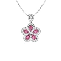 Diamondere Natural and Certified Pear Cut Gemstone and Diamond Flower Necklace in 14k White Gold | 1.81 Carat Pendant with Chain