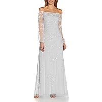Adrianna Papell Off The Shoulder Long Sleeves Back Zipper Long Beaded Dress-Ivory BISCOTTI-10