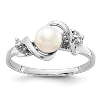 14k White Gold Polished Prong set 5.5mm Freshwater Cultured Pearl Diamond ring Size 6 Jewelry for Women