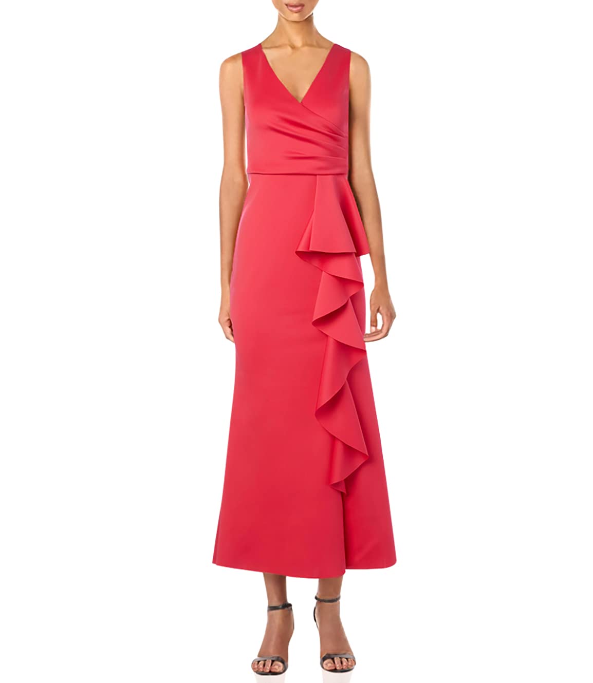 Jessica Howard Women's Sleeveless Side Tuck Gown with Cascade Ruffle Peplum Skirt