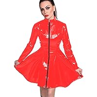 23 Colors Long Sleeve PVC Pleated Mini Dress Zipper Front Sexy Wetlook Clubwear (Red,L)
