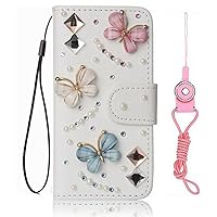 Sparkly Leather Wallet Phone Case with 2 Pack Glass Screen Protector and Lanyard, Bling Diamonds Flip Women Cover (3 Butterflys,for Lively Jitterbug Smart 3)