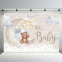MEHOFOND Oh Baby Bear Backdrop for Baby Shower Gender Neutral Birthday Party Decorations Bear On The Moon Banner Gold Star Balloons White Clouds Photo Booth Props 8x6ft