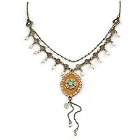 Vintage Inspired Caramel/Green Enamel Floral Pendant with Bronze Tone Chain Necklace - 40cm L/ 8cm Ext/ 8cm Front Drop
