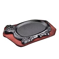 Cattle Cast Iron Steak Fajita Plate Set with wood Plate for Steak Pizza (11 x 8 inch)