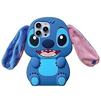 Thick Soft Silicone Big Stitch Case with Hand Strap for Apple iPhone 15 Plus 15+ Plush Ears Blue Color Disney Animation Anime 3D Cartoon Super Fun Adorable Cute Lovely Kawaii Girls Kids Boys