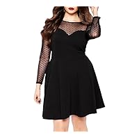 Plus Size A-Line Dress Women Dot Print Long Mesh Sleeve Fit and Flare Office Party Dress