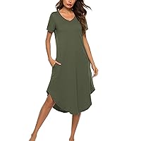Women Curved Hem Short Sleeve V-Neck A-Line Dress Summer Casual Loose Home Solid Tunic T-Shirt Mid Dress with Pocket