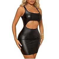 Summer Mini Tank Dress Sexy PU Patent Leather Stretch Dress Gothic Solid Color O-Neck Sleeveless Dress Wet Look Clubwear
