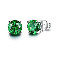 JIANGXIN Round cut Created Emerald 925 Sterling Silver Rhodium Plated Stud Earrings Fine Jewelry for Girls Women