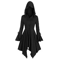 RMXEi Womens Hooded Tops Lace-Up Sleeve Button Up Hem Skirted Gothic Coat
