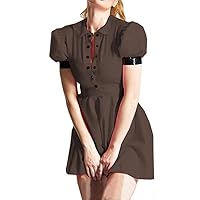 Sweet Preppy Style Peter Pan Collar Button Up PVC Shiny A-line Dress Womens Elegant Puff Short Sleeve Pleated Mini Dress 7XL